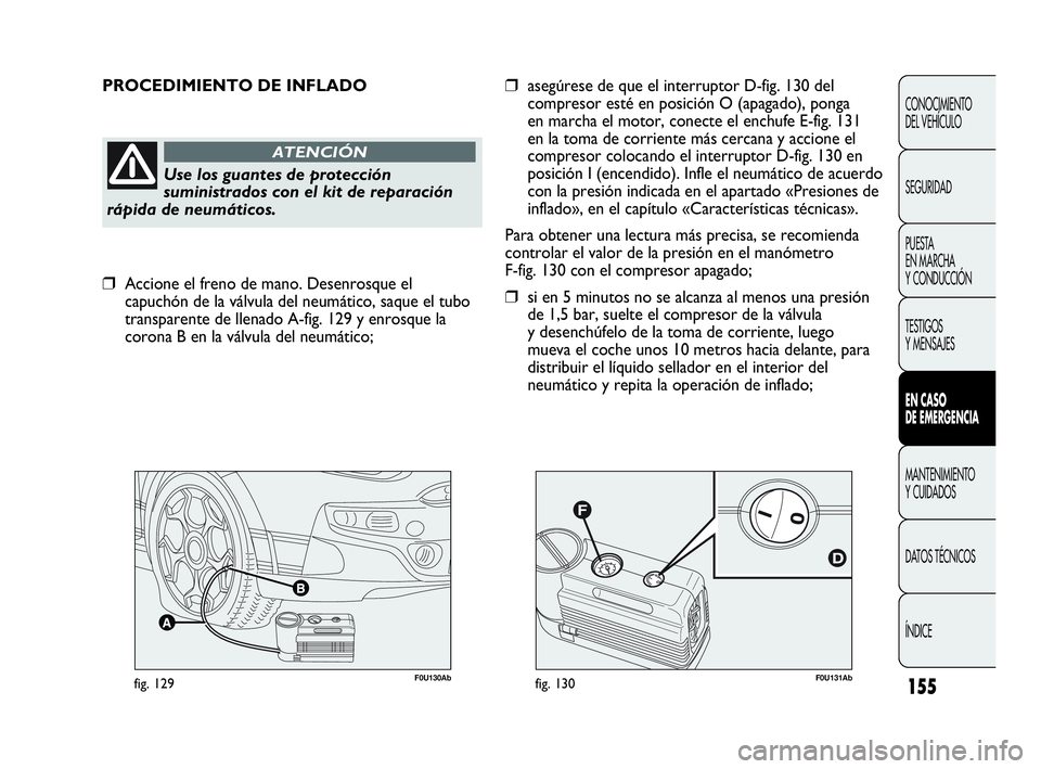 Abarth Punto 2015 Manual de Empleo y Cuidado (in Spanish) F0U131Abfig. 130F0U130Abfig. 129
PROCEDIMIENTO DE INFLADO
Use los guantes de protección
suministrados con el kit de reparación
rápida de neumáticos.
ATENCIÓN
❒asegúrese de que el interruptor D Abarth Punto 2015 Manual de Empleo y Cuidado (in Spanish) F0U131Abfig. 130F0U130Abfig. 129
PROCEDIMIENTO DE INFLADO
Use los guantes de protección
suministrados con el kit de reparación
rápida de neumáticos.
ATENCIÓN
❒asegúrese de que el interruptor D
