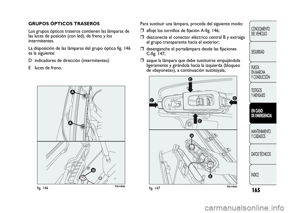 Abarth Punto 2015  Manual de Empleo y Cuidado (in Spanish) 165
CONOCIMIENTO
DEL VEHÍCULO
SEGURIDAD
PUESTA 
EN MARCHA 
Y CONDUCCIÓN
TESTIGOS
Y MENSAJES
EN CASO 
DE EMERGENCIA
MANTENIMIENTO
Y CUIDADOS
DATOS TÉCNICOS
ÍNDICE
GRUPOS ÓPTICOS TRASEROS 
Los grup