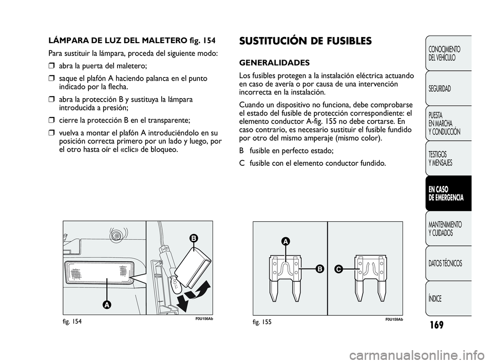 Abarth Punto 2015  Manual de Empleo y Cuidado (in Spanish) 169
CONOCIMIENTO
DEL VEHÍCULO
SEGURIDAD
PUESTA 
EN MARCHA 
Y CONDUCCIÓN
TESTIGOS
Y MENSAJES
EN CASO 
DE EMERGENCIA
MANTENIMIENTO
Y CUIDADOS
DATOS TÉCNICOS
ÍNDICE
F0U156Abfig. 154
LÁMPARA DE LUZ D