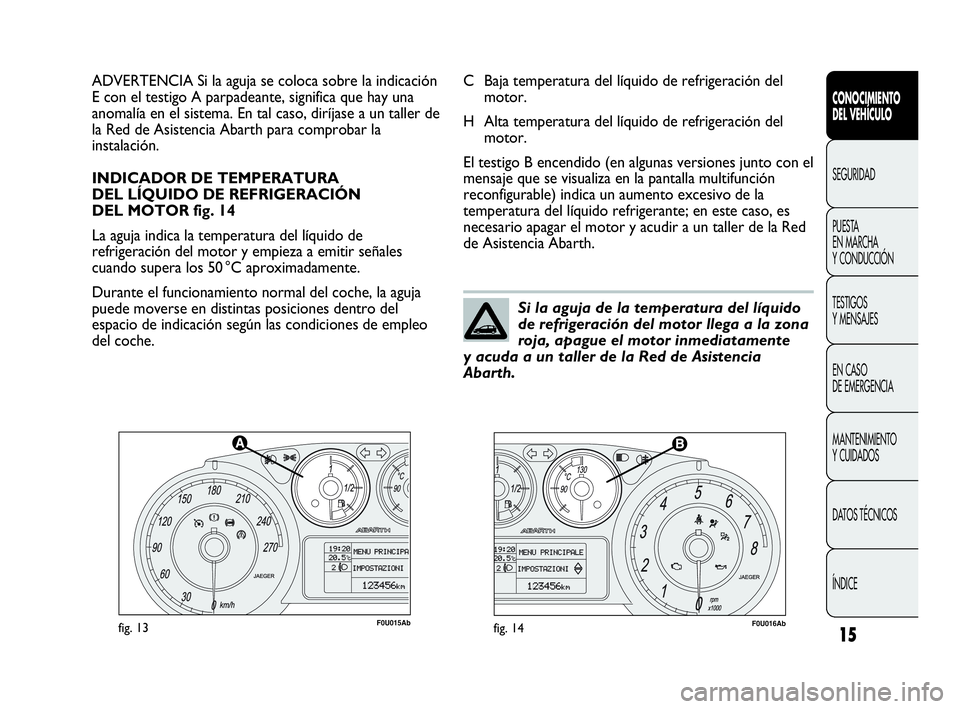 Abarth Punto 2013  Manual de Empleo y Cuidado (in Spanish) 15
CONOCIMIENTO
DEL VEHÍCULO
SEGURIDAD
PUESTA 
EN MARCHA 
Y CONDUCCIÓN
TESTIGOS
Y MENSAJES
EN CASO 
DE EMERGENCIA
MANTENIMIENTO
Y CUIDADOS
DATOS TÉCNICOS
ÍNDICE
F0U015Abfig. 13F0U016Abfig. 14
C Ba