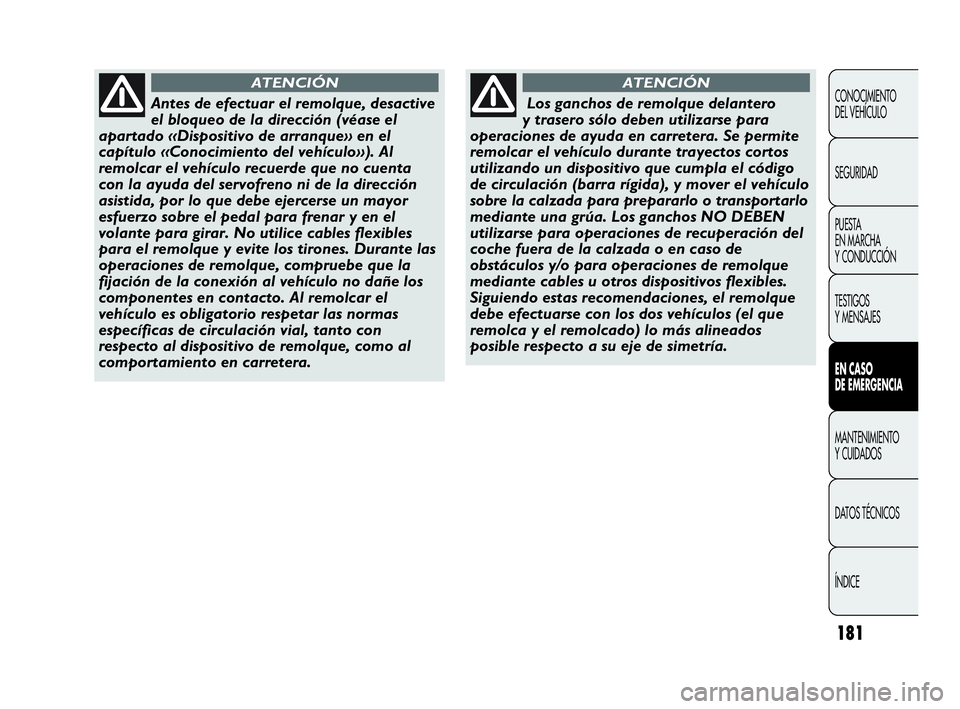 Abarth Punto 2015 Manual de Empleo y Cuidado (in Spanish) 181
CONOCIMIENTO
DEL VEHÍCULO
SEGURIDAD
PUESTA
EN MARCHA
Y CONDUCCIÓN
TESTIGOS
Y MENSAJES
EN CASO
DE EMERGENCIA
MANTENIMIENTO
Y CUIDADOS
DATOS TÉCNICOS
ÍNDICE
Antes de efectuar el remolque, des Abarth Punto 2015 Manual de Empleo y Cuidado (in Spanish) 181
CONOCIMIENTO
DEL VEHÍCULO
SEGURIDAD
PUESTA
EN MARCHA
Y CONDUCCIÓN
TESTIGOS
Y MENSAJES
EN CASO
DE EMERGENCIA
MANTENIMIENTO
Y CUIDADOS
DATOS TÉCNICOS
ÍNDICE
Antes de efectuar el remolque, des