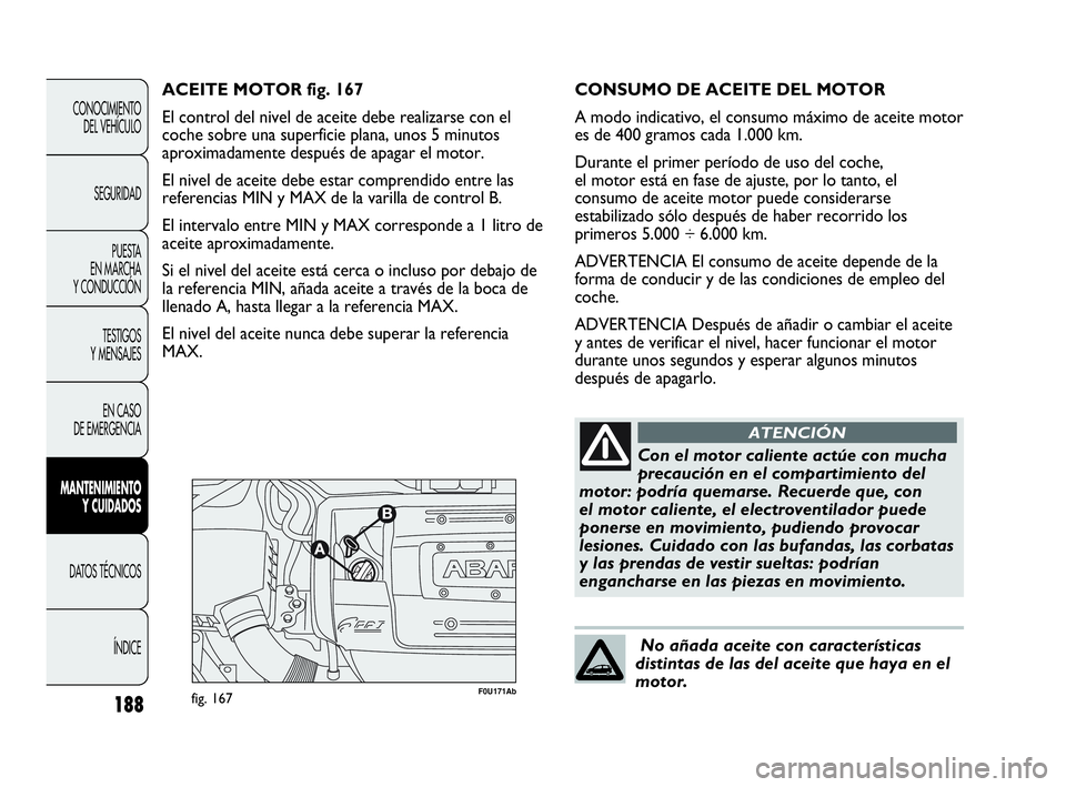 Abarth Punto 2015 Manual de Empleo y Cuidado (in Spanish) 188
CONOCIMIENTO
DEL VEHÍCULO
SEGURIDAD
PUESTA
EN MARCHA
Y CONDUCCIÓN
TESTIGOS
Y MENSAJES
EN CASO
DE EMERGENCIA
MANTENIMIENTO
Y CUIDADOS
DATOS TÉCNICOS
ÍNDICE
F0U171Abfig. 167
ACEITE MOTOR fig. Abarth Punto 2015 Manual de Empleo y Cuidado (in Spanish) 188
CONOCIMIENTO
DEL VEHÍCULO
SEGURIDAD
PUESTA
EN MARCHA
Y CONDUCCIÓN
TESTIGOS
Y MENSAJES
EN CASO
DE EMERGENCIA
MANTENIMIENTO
Y CUIDADOS
DATOS TÉCNICOS
ÍNDICE
F0U171Abfig. 167
ACEITE MOTOR fig.