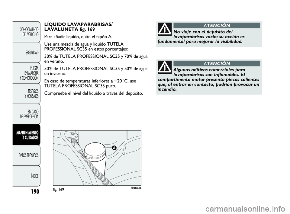Abarth Punto 2015 Manual de Empleo y Cuidado (in Spanish) F0U173Abfig. 169190
CONOCIMIENTO
DEL VEHÍCULO
SEGURIDAD
PUESTA
EN MARCHA
Y CONDUCCIÓN
TESTIGOS
Y MENSAJES
EN CASO
DE EMERGENCIA
MANTENIMIENTO
Y CUIDADOS
DATOS TÉCNICOS
ÍNDICE
LÍQUIDO LAVAPARAB Abarth Punto 2015 Manual de Empleo y Cuidado (in Spanish) F0U173Abfig. 169190
CONOCIMIENTO
DEL VEHÍCULO
SEGURIDAD
PUESTA
EN MARCHA
Y CONDUCCIÓN
TESTIGOS
Y MENSAJES
EN CASO
DE EMERGENCIA
MANTENIMIENTO
Y CUIDADOS
DATOS TÉCNICOS
ÍNDICE
LÍQUIDO LAVAPARAB