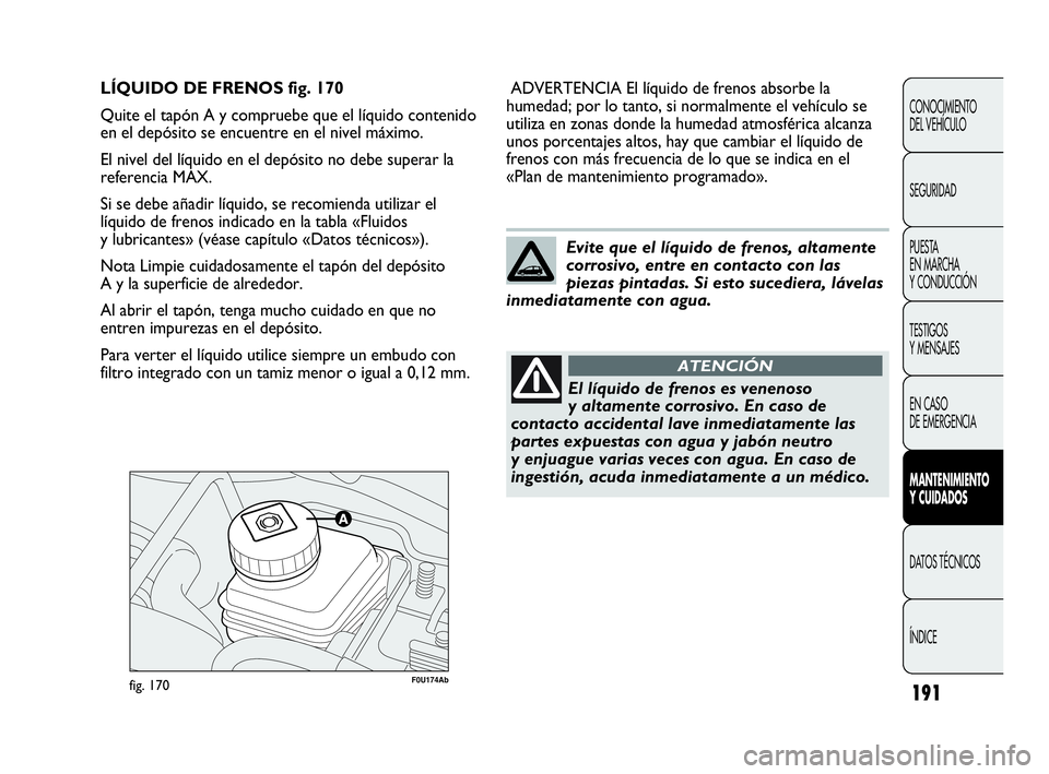 Abarth Punto 2021  Manual de Empleo y Cuidado (in Spanish) 191
CONOCIMIENTO
DEL VEHÍCULO
SEGURIDAD
PUESTA 
EN MARCHA 
Y CONDUCCIÓN
TESTIGOS
Y MENSAJES
EN CASO 
DE EMERGENCIA
MANTENIMIENTO
Y CUIDADOS
DATOS TÉCNICOS
ÍNDICE
F0U174Abfig. 170
ADVERTENCIA El l�