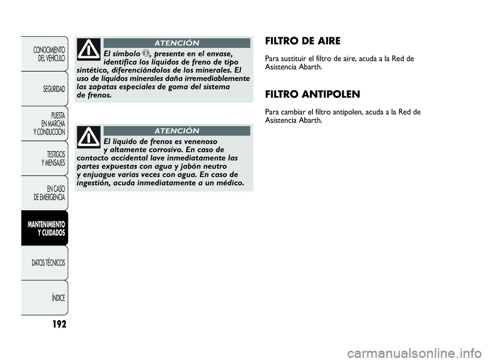 Abarth Punto 2015 Manual de Empleo y Cuidado (in Spanish) 192
CONOCIMIENTO
DEL VEHÍCULO
SEGURIDAD
PUESTA
EN MARCHA
Y CONDUCCIÓN
TESTIGOS
Y MENSAJES
EN CASO
DE EMERGENCIA
MANTENIMIENTO
Y CUIDADOS
DATOS TÉCNICOS
ÍNDICE
FILTRO DE AIRE
Para sustituir e Abarth Punto 2015 Manual de Empleo y Cuidado (in Spanish) 192
CONOCIMIENTO
DEL VEHÍCULO
SEGURIDAD
PUESTA
EN MARCHA
Y CONDUCCIÓN
TESTIGOS
Y MENSAJES
EN CASO
DE EMERGENCIA
MANTENIMIENTO
Y CUIDADOS
DATOS TÉCNICOS
ÍNDICE
FILTRO DE AIRE
Para sustituir e