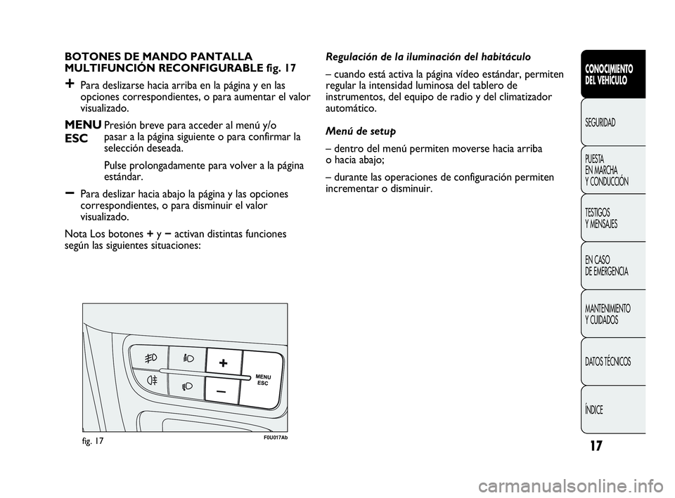 Abarth Punto 2013  Manual de Empleo y Cuidado (in Spanish) 17
CONOCIMIENTO
DEL VEHÍCULO
SEGURIDAD
PUESTA 
EN MARCHA 
Y CONDUCCIÓN
TESTIGOS
Y MENSAJES
EN CASO 
DE EMERGENCIA
MANTENIMIENTO
Y CUIDADOS
DATOS TÉCNICOS
ÍNDICE
BOTONES DE MANDO PANTALLA 
MULTIFUN