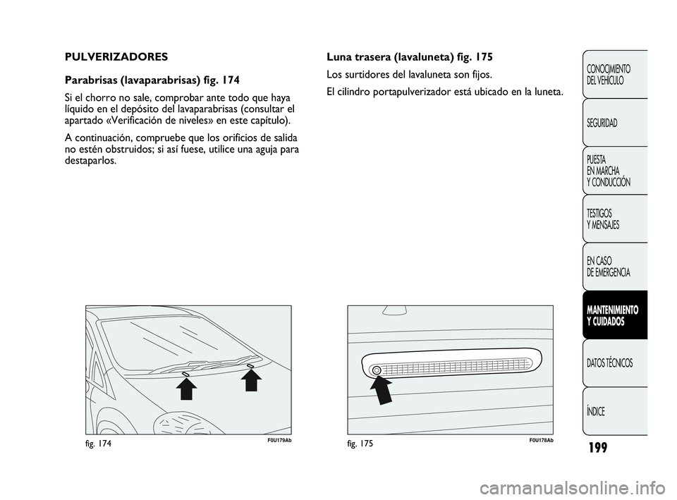 Abarth Punto 2013  Manual de Empleo y Cuidado (in Spanish) 199
F0U179Abfig. 174F0U178Abfig. 175
Luna trasera (lavaluneta) fig. 175
Los surtidores del lavaluneta son fijos.
El cilindro portapulverizador está ubicado en la luneta. PULVERIZADORES
Parabrisas (la