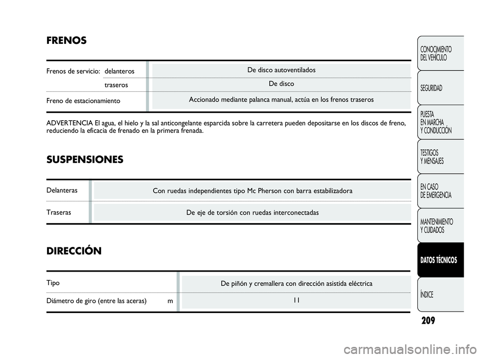 Abarth Punto 2015 Manual de Empleo y Cuidado (in Spanish) De piñón y cremallera con dirección asistida eléctrica
11
De disco autoventilados
De disco
Accionado mediante palanca manual, actúa en los frenos traseros
209
CONOCIMIENTO
DEL VEHÍCULO
SEGURIDAD Abarth Punto 2015 Manual de Empleo y Cuidado (in Spanish) De piñón y cremallera con dirección asistida eléctrica
11
De disco autoventilados
De disco
Accionado mediante palanca manual, actúa en los frenos traseros
209
CONOCIMIENTO
DEL VEHÍCULO
SEGURIDAD