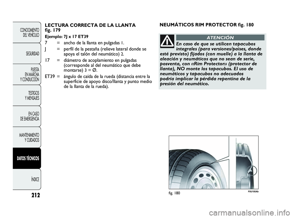 Abarth Punto 2015 Manual de Empleo y Cuidado (in Spanish) 212
CONOCIMIENTO
DEL VEHÍCULO
SEGURIDAD
PUESTA
EN MARCHA
Y CONDUCCIÓN
TESTIGOS
Y MENSAJES
EN CASO
DE EMERGENCIA
MANTENIMIENTO
Y CUIDADOS
DATOS TÉCNICOS
ÍNDICE
LECTURA CORRECTA DE LA LLANTA
fig Abarth Punto 2015 Manual de Empleo y Cuidado (in Spanish) 212
CONOCIMIENTO
DEL VEHÍCULO
SEGURIDAD
PUESTA
EN MARCHA
Y CONDUCCIÓN
TESTIGOS
Y MENSAJES
EN CASO
DE EMERGENCIA
MANTENIMIENTO
Y CUIDADOS
DATOS TÉCNICOS
ÍNDICE
LECTURA CORRECTA DE LA LLANTA
fig