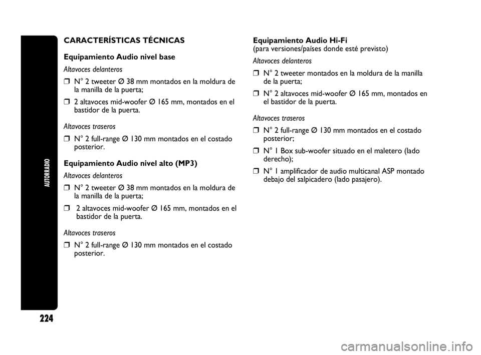 Abarth Punto 2015 Manual de Empleo y Cuidado (in Spanish) 224
AUTORRADIO
Equipamiento Audio Hi-Fi
(para versiones/países donde esté previsto)
Altavoces delanteros
❒N° 2 tweeter montados en la moldura de la manilla
de la puerta;
❒N° 2 altavoces mid-wo Abarth Punto 2015 Manual de Empleo y Cuidado (in Spanish) 224
AUTORRADIO
Equipamiento Audio Hi-Fi
(para versiones/países donde esté previsto)
Altavoces delanteros
❒N° 2 tweeter montados en la moldura de la manilla
de la puerta;
❒N° 2 altavoces mid-wo