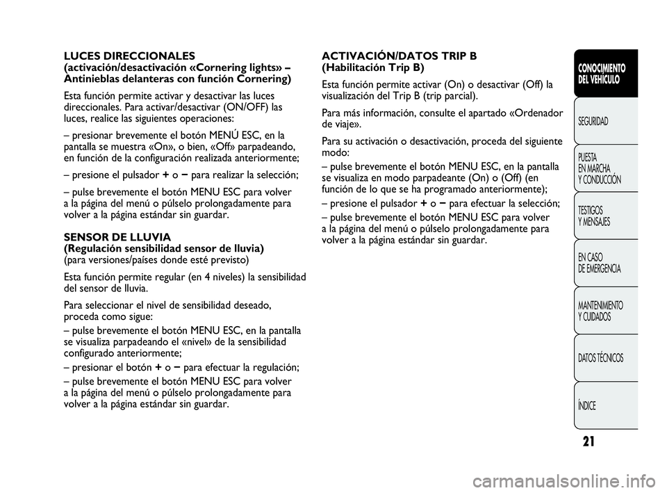 Abarth Punto 2013  Manual de Empleo y Cuidado (in Spanish) 21
CONOCIMIENTO
DEL VEHÍCULO
SEGURIDAD
PUESTA 
EN MARCHA 
Y CONDUCCIÓN
TESTIGOS
Y MENSAJES
EN CASO 
DE EMERGENCIA
MANTENIMIENTO
Y CUIDADOS
DATOS TÉCNICOS
ÍNDICE
ACTIVACIÓN/DATOS TRIP B
(Habilitac