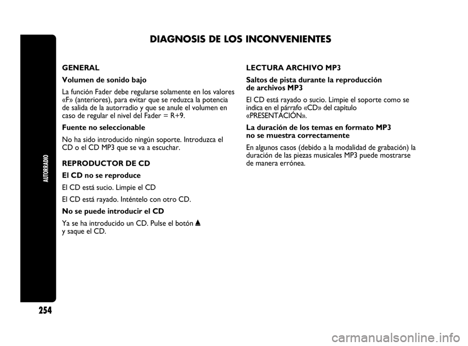 Abarth Punto 2015 Manual de Empleo y Cuidado (in Spanish) DIAGNOSIS DE LOS INCONVENIENTES
AUTORRADIO
254
GENERAL
Volumen de sonido bajo
La función Fader debe regularse solamente en los valores
«F» (anteriores), para evitar que se reduzca la potencia
de s Abarth Punto 2015 Manual de Empleo y Cuidado (in Spanish) DIAGNOSIS DE LOS INCONVENIENTES
AUTORRADIO
254
GENERAL
Volumen de sonido bajo
La función Fader debe regularse solamente en los valores
«F» (anteriores), para evitar que se reduzca la potencia
de s