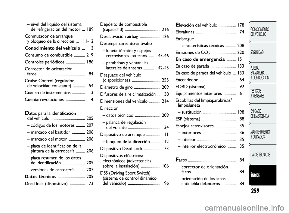 Abarth Punto 2015  Manual de Empleo y Cuidado (in Spanish) 259
CONOCIMIENTO
DEL VEHÍCULO
SEGURIDAD
PUESTA 
EN MARCHA 
Y CONDUCCIÓN
TESTIGOS
Y MENSAJES
EN CASO 
DE EMERGENCIA
MANTENIMIENTO
Y CUIDADOS
DATOS TÉCNICOS
Í
ÍNDICE
Depósito de combustible 
(capa