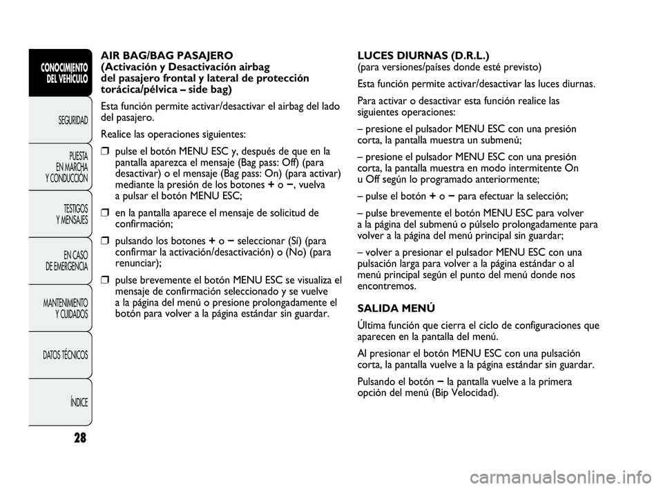 Abarth Punto 2021  Manual de Empleo y Cuidado (in Spanish) 28
CONOCIMIENTO
DEL VEHÍCULO
SEGURIDAD
PUESTA 
EN MARCHA 
Y CONDUCCIÓN
TESTIGOS
Y MENSAJES
EN CASO 
DE EMERGENCIA
MANTENIMIENTO
Y CUIDADOS
DATOS TÉCNICOS
ÍNDICE
AIR BAG/BAG PASAJERO
(Activación y