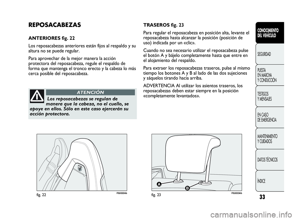 Abarth Punto 2013  Manual de Empleo y Cuidado (in Spanish) 33
CONOCIMIENTO
DEL VEHÍCULO
SEGURIDAD
PUESTA 
EN MARCHA 
Y CONDUCCIÓN
TESTIGOS
Y MENSAJES
EN CASO 
DE EMERGENCIA
MANTENIMIENTO
Y CUIDADOS
DATOS TÉCNICOS
ÍNDICE
Los reposacabezas se regulan de
man