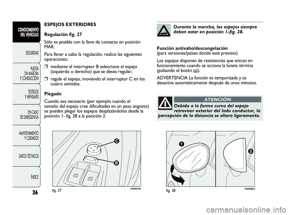 Abarth Punto 2013 Manual de Empleo y Cuidado (in Spanish) F0U027Abfig. 27
ESPEJOS EXTERIORES
Regulación fig. 27
Sólo es posible con la llave de contacto en posición
MAR.
Para llevar a cabo la regulación, realice las siguientes
operaciones:
❒mediante el Abarth Punto 2013 Manual de Empleo y Cuidado (in Spanish) F0U027Abfig. 27
ESPEJOS EXTERIORES
Regulación fig. 27
Sólo es posible con la llave de contacto en posición
MAR.
Para llevar a cabo la regulación, realice las siguientes
operaciones:
❒mediante el
