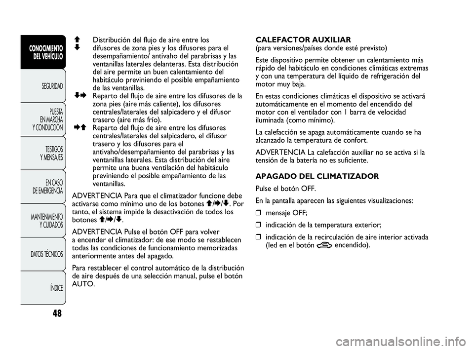 Abarth Punto 2021  Manual de Empleo y Cuidado (in Spanish) 48
CONOCIMIENTO
DEL VEHÍCULO
SEGURIDAD
PUESTA 
EN MARCHA 
Y CONDUCCIÓN
TESTIGOS
Y MENSAJES
EN CASO 
DE EMERGENCIA
MANTENIMIENTO
Y CUIDADOS
DATOS TÉCNICOS
ÍNDICE
QDistribución del flujo de aire en