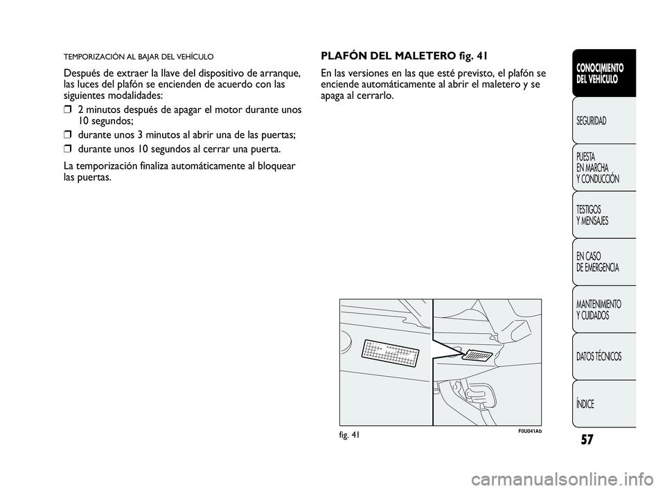 Abarth Punto 2013  Manual de Empleo y Cuidado (in Spanish) 57
CONOCIMIENTO
DEL VEHÍCULO
SEGURIDAD
PUESTA 
EN MARCHA 
Y CONDUCCIÓN
TESTIGOS
Y MENSAJES
EN CASO 
DE EMERGENCIA
MANTENIMIENTO
Y CUIDADOS
DATOS TÉCNICOS
ÍNDICE
TEMPORIZACIÓN AL BAJAR DEL VEHÍCU