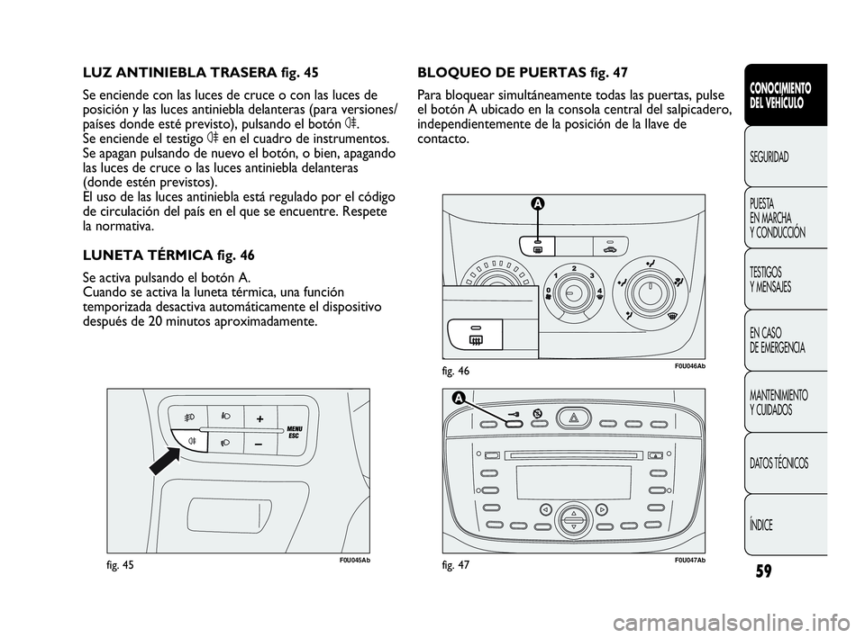 Abarth Punto 2013  Manual de Empleo y Cuidado (in Spanish) 59
CONOCIMIENTO
DEL VEHÍCULO
SEGURIDAD
PUESTA 
EN MARCHA 
Y CONDUCCIÓN
TESTIGOS
Y MENSAJES
EN CASO 
DE EMERGENCIA
MANTENIMIENTO
Y CUIDADOS
DATOS TÉCNICOS
ÍNDICE
F0U046Abfig. 46
F0U045Abfig. 45
BLO