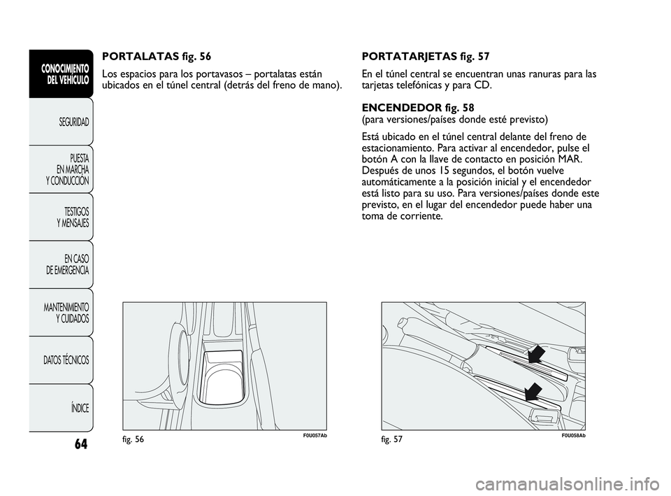 Abarth Punto 2013  Manual de Empleo y Cuidado (in Spanish) 64
CONOCIMIENTO
DEL VEHÍCULO
SEGURIDAD
PUESTA 
EN MARCHA 
Y CONDUCCIÓN
TESTIGOS
Y MENSAJES
EN CASO 
DE EMERGENCIA
MANTENIMIENTO
Y CUIDADOS
DATOS TÉCNICOS
ÍNDICE
F0U057Abfig. 56
PORTALATAS fig. 56
