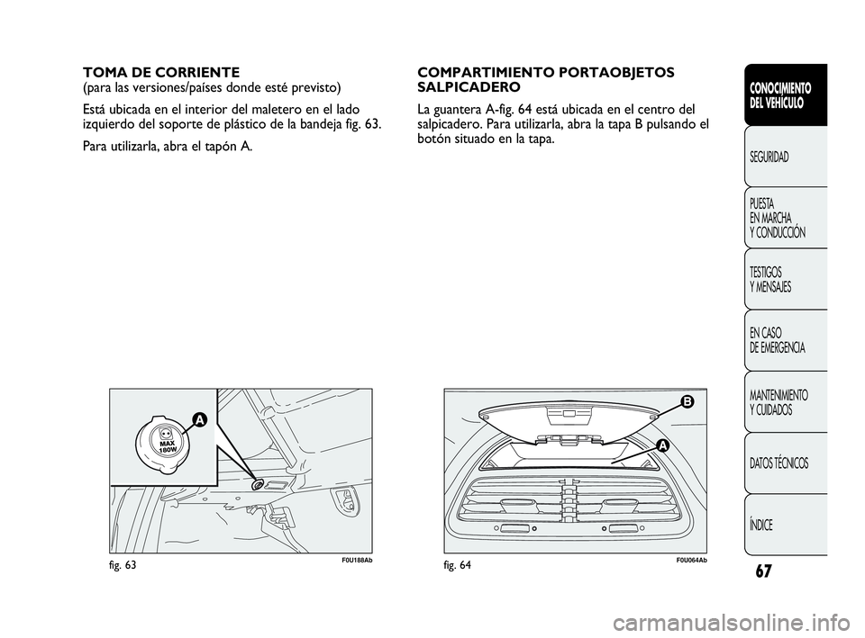 Abarth Punto 2013  Manual de Empleo y Cuidado (in Spanish) 67
CONOCIMIENTO
DEL VEHÍCULO
SEGURIDAD
PUESTA 
EN MARCHA 
Y CONDUCCIÓN
TESTIGOS
Y MENSAJES
EN CASO 
DE EMERGENCIA
MANTENIMIENTO
Y CUIDADOS
DATOS TÉCNICOS
ÍNDICE
F0U064Abfig. 64
TOMA DE CORRIENTE
(