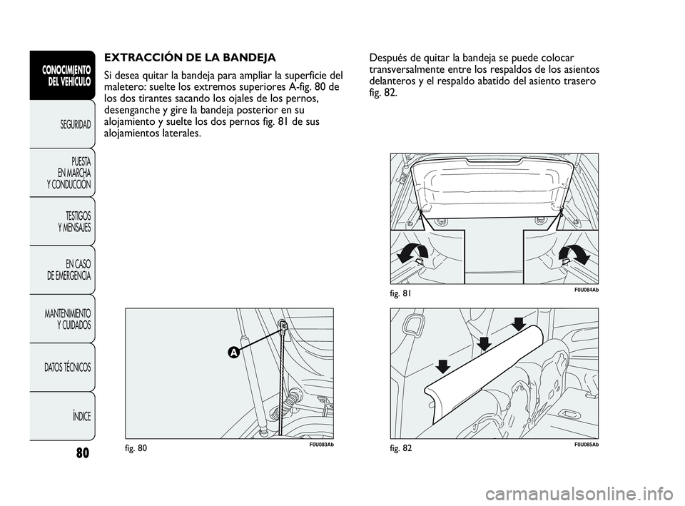 Abarth Punto 2015 Manual de Empleo y Cuidado (in Spanish) 80
CONOCIMIENTO
DEL VEHÍCULO
SEGURIDAD
PUESTA
EN MARCHA
Y CONDUCCIÓN
TESTIGOS
Y MENSAJES
EN CASO
DE EMERGENCIA
MANTENIMIENTO
Y CUIDADOS
DATOS TÉCNICOS
ÍNDICE
EXTRACCIÓN DE LA BANDEJA
Si desea Abarth Punto 2015 Manual de Empleo y Cuidado (in Spanish) 80
CONOCIMIENTO
DEL VEHÍCULO
SEGURIDAD
PUESTA
EN MARCHA
Y CONDUCCIÓN
TESTIGOS
Y MENSAJES
EN CASO
DE EMERGENCIA
MANTENIMIENTO
Y CUIDADOS
DATOS TÉCNICOS
ÍNDICE
EXTRACCIÓN DE LA BANDEJA
Si desea