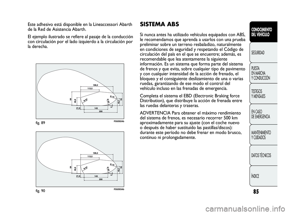 Abarth Punto 2021  Manual de Empleo y Cuidado (in Spanish) 85
CONOCIMIENTO
DEL VEHÍCULO
SEGURIDAD
PUESTA 
EN MARCHA 
Y CONDUCCIÓN
TESTIGOS
Y MENSAJES
EN CASO 
DE EMERGENCIA
MANTENIMIENTO
Y CUIDADOS
DATOS TÉCNICOS
ÍNDICE
Este adhesivo está disponible en l