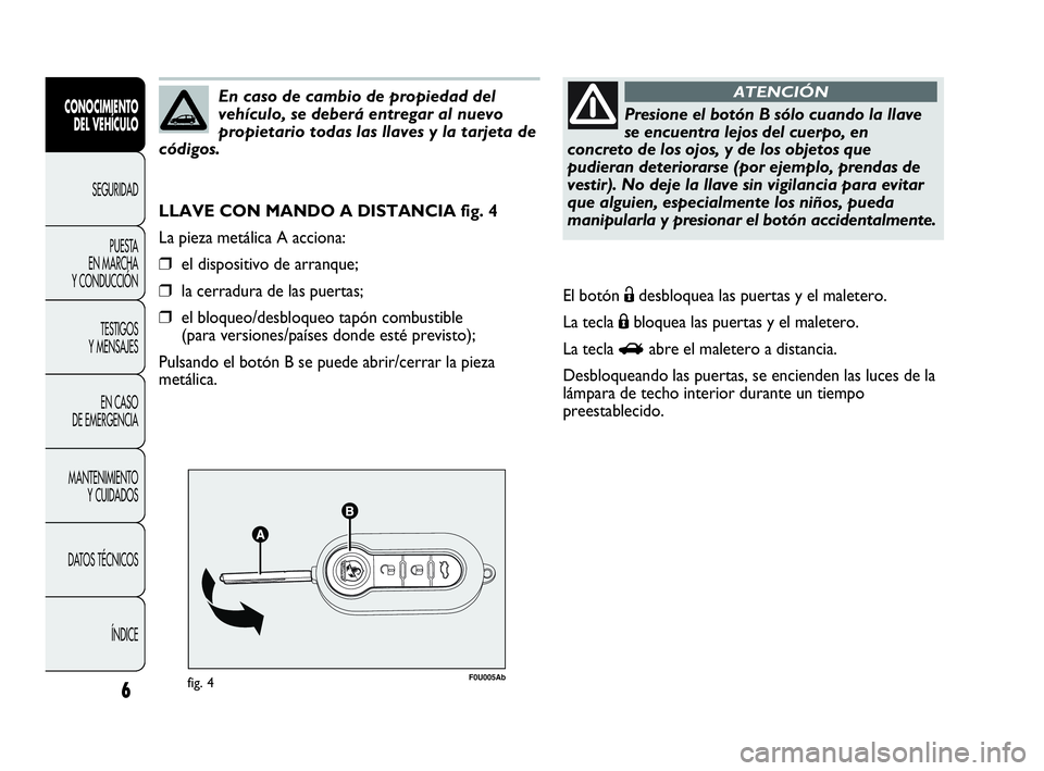Abarth Punto 2020 Manual de Empleo y Cuidado (in Spanish) 6
F0U005Abfig. 4
LLAVE CON MANDO A DISTANCIA fig. 4
La pieza metálica A acciona:
❒el dispositivo de arranque;
❒la cerradura de las puertas;
❒el bloqueo/desbloqueo tapón combustible
(para vers Abarth Punto 2020 Manual de Empleo y Cuidado (in Spanish) 6
F0U005Abfig. 4
LLAVE CON MANDO A DISTANCIA fig. 4
La pieza metálica A acciona:
❒el dispositivo de arranque;
❒la cerradura de las puertas;
❒el bloqueo/desbloqueo tapón combustible
(para vers