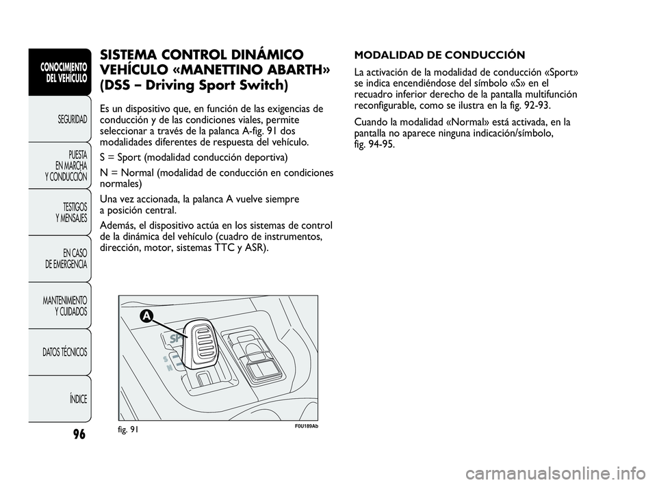 Abarth Punto 2015 Manual de Empleo y Cuidado (in Spanish) 96
CONOCIMIENTO
DEL VEHÍCULO
SEGURIDAD
PUESTA
EN MARCHA
Y CONDUCCIÓN
TESTIGOS
Y MENSAJES
EN CASO
DE EMERGENCIA
MANTENIMIENTO
Y CUIDADOS
DATOS TÉCNICOS
ÍNDICE
F0U189Abfig. 91
MODALIDAD DE CONDUC Abarth Punto 2015 Manual de Empleo y Cuidado (in Spanish) 96
CONOCIMIENTO
DEL VEHÍCULO
SEGURIDAD
PUESTA
EN MARCHA
Y CONDUCCIÓN
TESTIGOS
Y MENSAJES
EN CASO
DE EMERGENCIA
MANTENIMIENTO
Y CUIDADOS
DATOS TÉCNICOS
ÍNDICE
F0U189Abfig. 91
MODALIDAD DE CONDUC