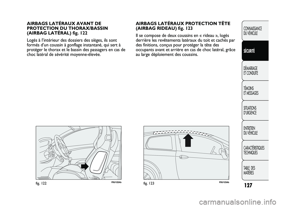Abarth Punto 2012 Notice dentretien (in French) 127
CONNAISSANCE
DU VÉHICULE
SÉCURITÉ
DÉMARRAGE
ET CONDUITE
TÉMOINS
ET MESSAGES
SITUATIONS
D’URGENCE
ENTRETIEN
DU VÉHICULE
CARACTÉRISTIQUES
TECHNIQUES
TABLE DES
MATIÈRES
AIRBAGS LATÉ Abarth Punto 2012 Notice dentretien (in French) 127
CONNAISSANCE
DU VÉHICULE
SÉCURITÉ
DÉMARRAGE
ET CONDUITE
TÉMOINS
ET MESSAGES
SITUATIONS
D’URGENCE
ENTRETIEN
DU VÉHICULE
CARACTÉRISTIQUES
TECHNIQUES
TABLE DES
MATIÈRES
AIRBAGS LATÉ