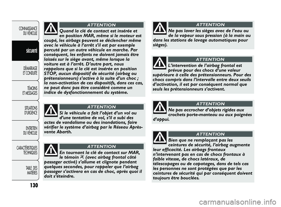 Abarth Punto 2012 Notice dentretien (in French) 130
CONNAISSANCE DU VÉHICULE
SÉCURITÉ
DÉMARRAGE
ET CONDUITE
TÉMOINS
ET MESSAGES
SITUATIONS
D’URGENCE
ENTRETIEN
DU VÉHICULE
CARACTÉRISTIQUES TECHNIQUES
TABLE DES MATIÈRESQuand la clé de Abarth Punto 2012 Notice dentretien (in French) 130
CONNAISSANCE DU VÉHICULE
SÉCURITÉ
DÉMARRAGE
ET CONDUITE
TÉMOINS
ET MESSAGES
SITUATIONS
D’URGENCE
ENTRETIEN
DU VÉHICULE
CARACTÉRISTIQUES TECHNIQUES
TABLE DES MATIÈRESQuand la clé de