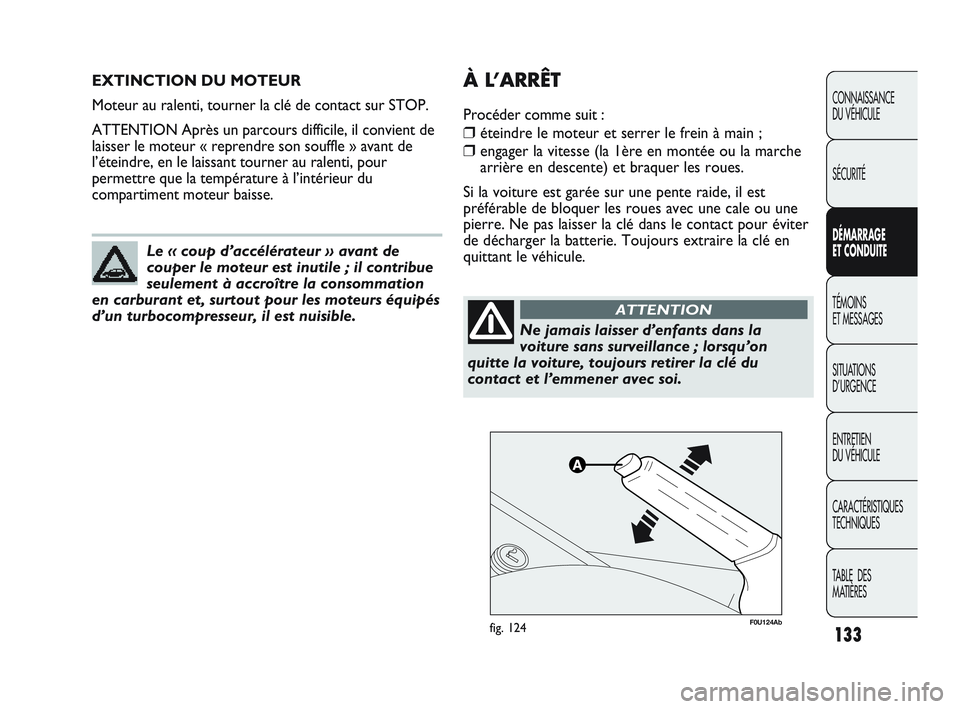Abarth Punto 2012 Notice dentretien (in French) 133
CONNAISSANCE
DU VÉHICULE
SÉCURITÉ
DÉMARRAGE
ET CONDUITE
TÉMOINS
ET MESSAGES
SITUA
TIONS
D’URGENCE
ENTRETIEN
DU VÉHICULE
CARACTÉRISTIQUES
TECHNIQUES
TABLE DES
MATIÈRES
EXTINCTION Abarth Punto 2012 Notice dentretien (in French) 133
CONNAISSANCE
DU VÉHICULE
SÉCURITÉ
DÉMARRAGE
ET CONDUITE
TÉMOINS
ET MESSAGES
SITUA
TIONS
D’URGENCE
ENTRETIEN
DU VÉHICULE
CARACTÉRISTIQUES
TECHNIQUES
TABLE DES
MATIÈRES
EXTINCTION