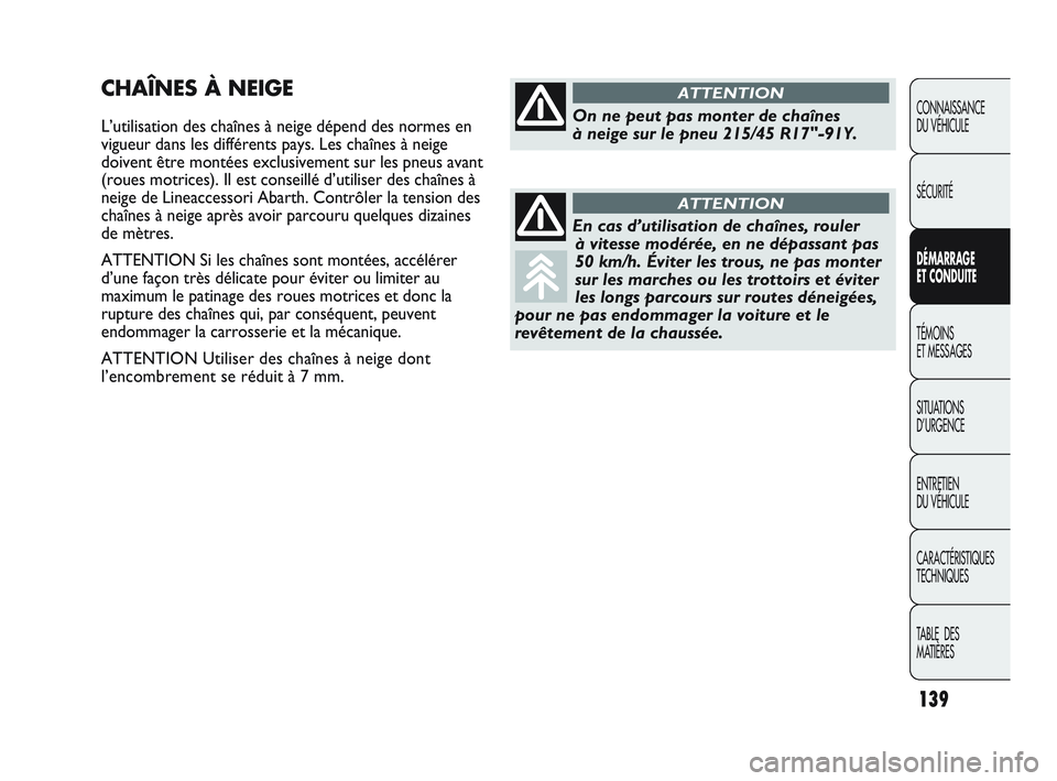 Abarth Punto 2012  Notice dentretien (in French) 139
CONNAISSANCE 
DU VÉHICULE
SÉCURITÉ
DÉMARRAGE 
ET CONDUITE
TÉMOINS 
ET MESSAGES
SITUA

TIONS 
D’URGENCE
ENTRETIEN 
DU VÉHICULE
CARACTÉRISTIQUES
TECHNIQUES
TABLE  DES 
MATIÈRES
CHAÎNES À