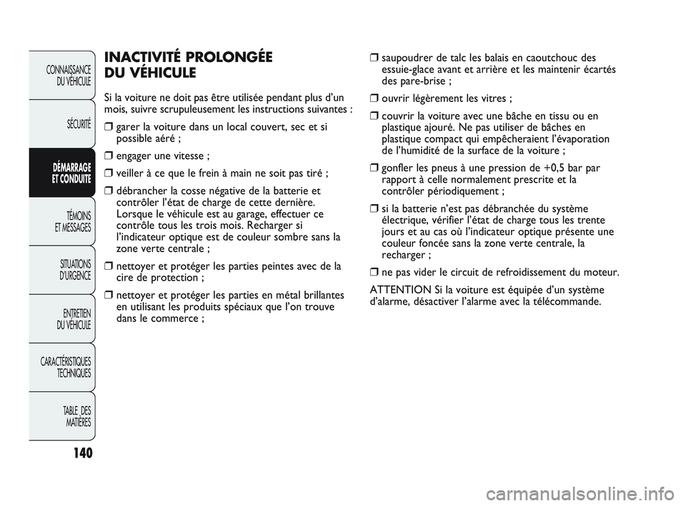 Abarth Punto 2012  Notice dentretien (in French) 140
CONNAISSANCE DU VÉHICULE
SÉCURITÉ
DÉMARRAGE 
ET CONDUITE
TÉMOINS 
ET MESSAGES
SITUA

TIONS 
D’URGENCE
ENTRETIEN 
DU VÉHICULE
CARACTÉRISTIQUES TECHNIQUES
TABLE  DES MATIÈRES
❒saupoudrer