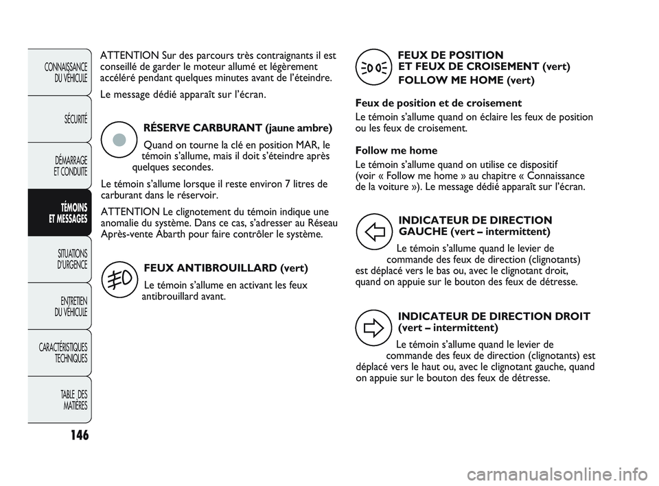 Abarth Punto 2012  Notice dentretien (in French) 146
CONNAISSANCE DU VÉHICULE
SÉCURITÉ
DÉMARRAGE 
ET CONDUITE
TÉMOINS 
ET MESSAGES
SITUATIONS 
D’URGENCE
ENTRETIEN 
DU VÉHICULE
CARACTÉRISTIQUES TECHNIQUES
T

ABLE  DES MATIÈRES
ATTENTION Sur
