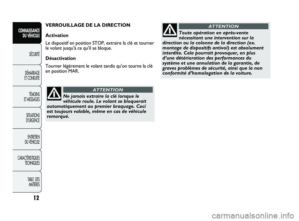Abarth Punto 2012  Notice dentretien (in French) 12
CONNAISSANCE DU VÉHICULE
SÉCURITÉ
DÉMARRAGE 
ET CONDUITE
TÉMOINS 
ET MESSAGES
SITUA

TIONS 
D’URGENCE
ENTRETIEN 
DU VÉHICULE
CARACTÉRISTIQUES TECHNIQUES
TABLE  DES MATIÈRES
Ne jamais extr