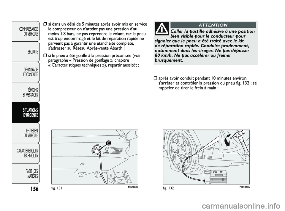 Abarth Punto 2012  Notice dentretien (in French) 156
CONNAISSANCE DU VÉHICULE
SÉCURITÉ
DÉMARRAGE 
ET CONDUITE
TÉMOINS 
ET MESSAGES
SITUATIONS  D’URGENCE
ENTRETIEN 
DU VÉHICULE
CARACTÉRISTIQUES TECHNIQUES
TABLE  DES MATIÈRES
F0U133Abfig. 13