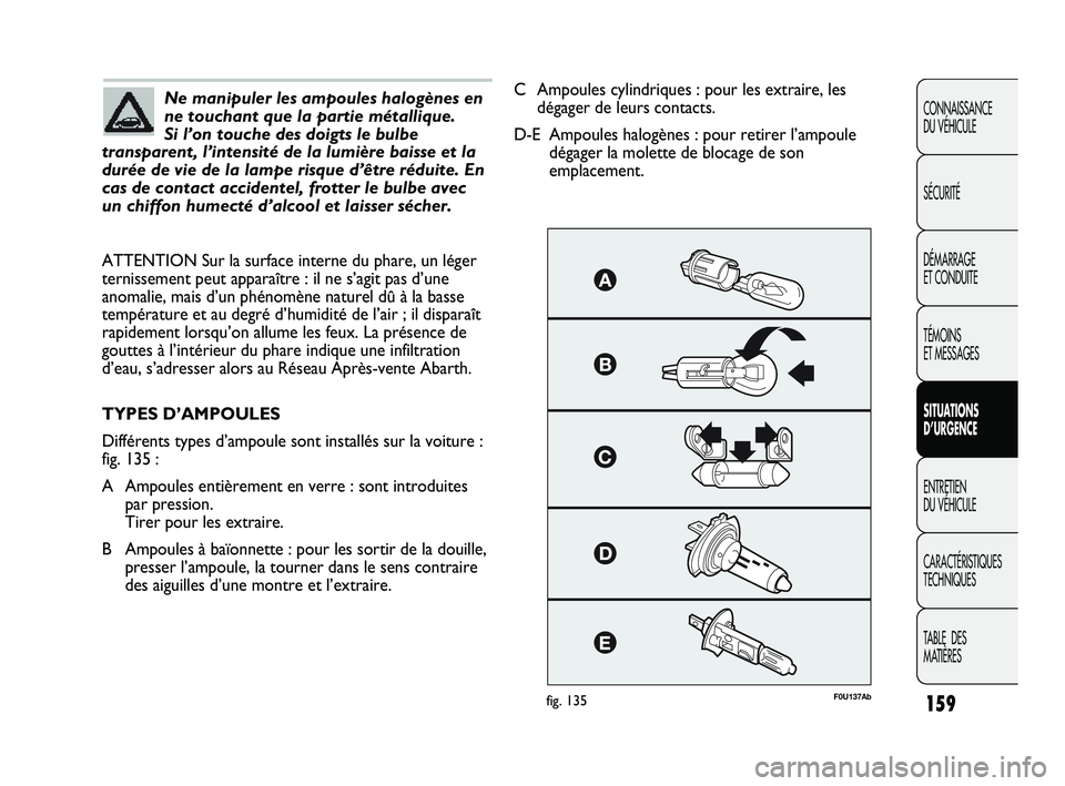 Abarth Punto 2012  Notice dentretien (in French) 159
CONNAISSANCE 
DU VÉHICULE
SÉCURITÉ
DÉMARRAGE 
ET CONDUITE
TÉMOINS 
ET MESSAGES
SITUATIONS 
D’URGENCE
ENTRETIEN 
DU VÉHICULE
CARACTÉRISTIQUES
TECHNIQUES
TABLE  DES 
MATIÈRESNe manipuler l