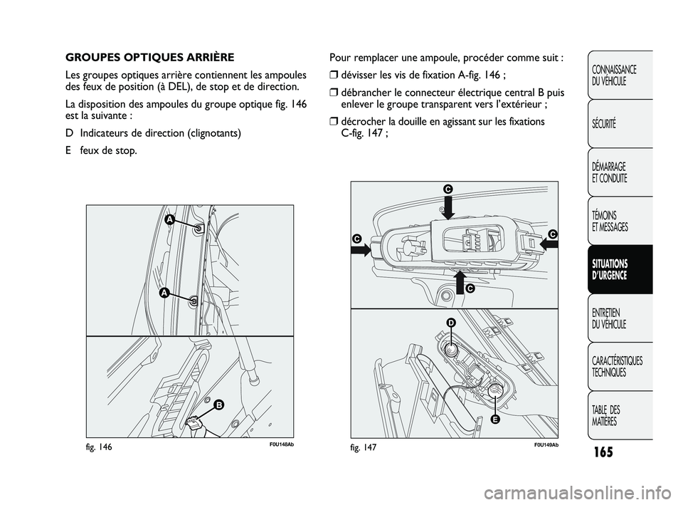 Abarth Punto 2012  Notice dentretien (in French) 165
CONNAISSANCE 
DU VÉHICULE
SÉCURITÉ
DÉMARRAGE 
ET CONDUITE
TÉMOINS 
ET MESSAGES
SITUATIONS 
D’URGENCE
ENTRETIEN 
DU VÉHICULE
CARACTÉRISTIQUES
TECHNIQUES
TABLE  DES 
MATIÈRES
GROUPES OPTIQ
