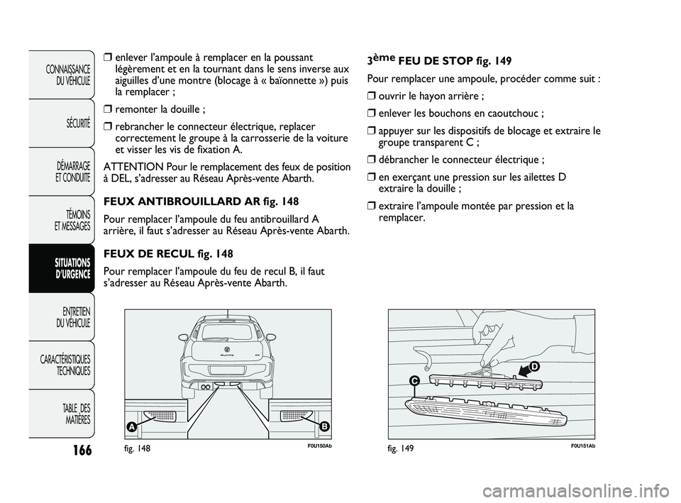 Abarth Punto 2012  Notice dentretien (in French) 166
CONNAISSANCE DU VÉHICULE
SÉCURITÉ
DÉMARRAGE 
ET CONDUITE
TÉMOINS 
ET MESSAGES
SITUATIONS  D’URGENCE
ENTRETIEN 
DU VÉHICULE
CARACTÉRISTIQUES TECHNIQUES
TABLE  DES MATIÈRES
❒enlever l’