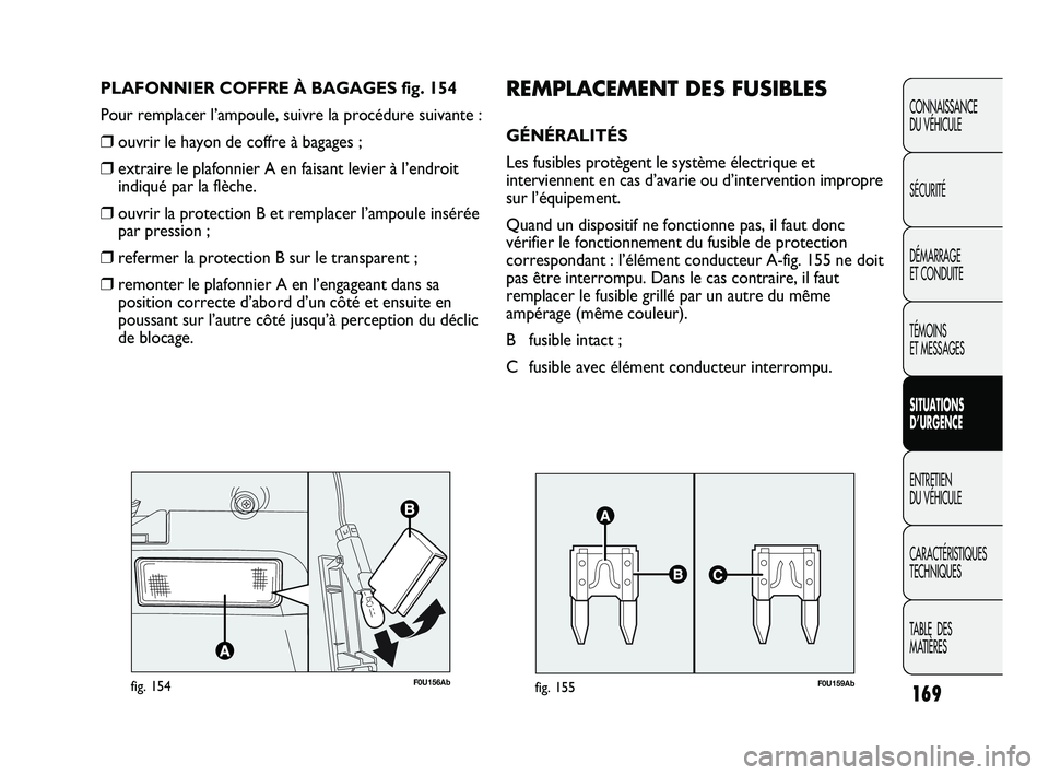 Abarth Punto 2012  Notice dentretien (in French) 169
CONNAISSANCE 
DU VÉHICULE
SÉCURITÉ
DÉMARRAGE 
ET CONDUITE
TÉMOINS 
ET MESSAGES
SITUATIONS 
D’URGENCE
ENTRETIEN 
DU VÉHICULE
CARACTÉRISTIQUES
TECHNIQUES
TABLE  DES 
MATIÈRES
F0U156Abfig. 