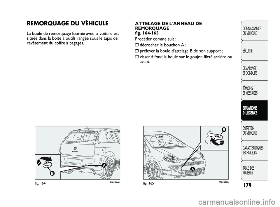 Abarth Punto 2012  Notice dentretien (in French) 179
CONNAISSANCE 
DU VÉHICULE
SÉCURITÉ
DÉMARRAGE 
ET CONDUITE
TÉMOINS 
ET MESSAGES
SITUATIONS 
D’URGENCE
ENTRETIEN 
DU VÉHICULE
CARACTÉRISTIQUES
TECHNIQUES
TABLE  DES 
MATIÈRES
F0U169Abfig. 