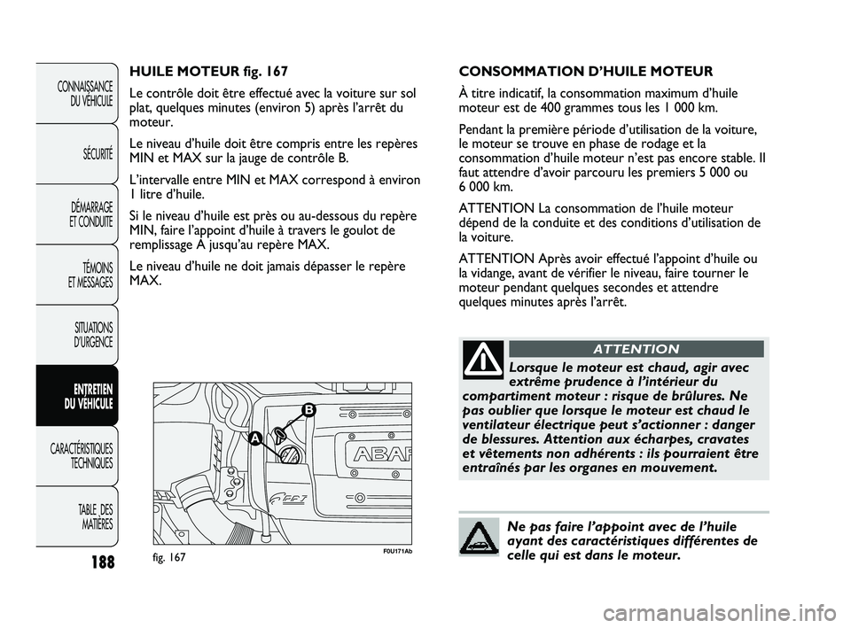 Abarth Punto 2012 Notice dentretien (in French) 188
CONNAISSANCE DU VÉHICULE
SÉCURITÉ
DÉMARRAGE
ET CONDUITE
TÉMOINS
ET MESSAGES
SITUATIONS
D’URGENCE
ENTRETIEN
DU VÉHICULE
CARACTÉRISTIQUES TECHNIQUES
T
ABLE DES MATIÈRES
F0U171Abfig. Abarth Punto 2012 Notice dentretien (in French) 188
CONNAISSANCE DU VÉHICULE
SÉCURITÉ
DÉMARRAGE
ET CONDUITE
TÉMOINS
ET MESSAGES
SITUATIONS
D’URGENCE
ENTRETIEN
DU VÉHICULE
CARACTÉRISTIQUES TECHNIQUES
T
ABLE DES MATIÈRES
F0U171Abfig.