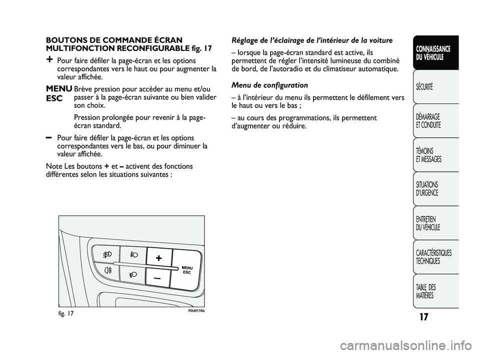 Abarth Punto 2012  Notice dentretien (in French) 17
CONNAISSANCE 
DU VÉHICULE
SÉCURITÉ
DÉMARRAGE 
ET CONDUITE
TÉMOINS 
ET MESSAGES
SITUA

TIONS 
D’URGENCE
ENTRETIEN 
DU VÉHICULE
CARACTÉRISTIQUES
TECHNIQUES
TABLE  DES 
MATIÈRES
BOUTONS DE C