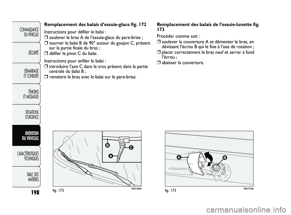 Abarth Punto 2012 Notice dentretien (in French) F0U177Abfig. 173F0U176Abfig. 172
Remplacement des balais d’essuie-glace fig. 172
Instructions pour défiler le balai :
❒ soulever le bras A de l’essuie-glace du pare-brise ;
❒ tourner le balai Abarth Punto 2012 Notice dentretien (in French) F0U177Abfig. 173F0U176Abfig. 172
Remplacement des balais d’essuie-glace fig. 172
Instructions pour défiler le balai :
❒ soulever le bras A de l’essuie-glace du pare-brise ;
❒ tourner le balai