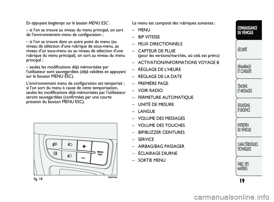 Abarth Punto 2012  Notice dentretien (in French) 19
CONNAISSANCE 
DU VÉHICULE
SÉCURITÉ
DÉMARRAGE 
ET CONDUITE
TÉMOINS 
ET MESSAGES
SITUA

TIONS 
D’URGENCE
ENTRETIEN 
DU VÉHICULE
CARACTÉRISTIQUES
TECHNIQUES
TABLE  DES 
MATIÈRES
En appuyant 