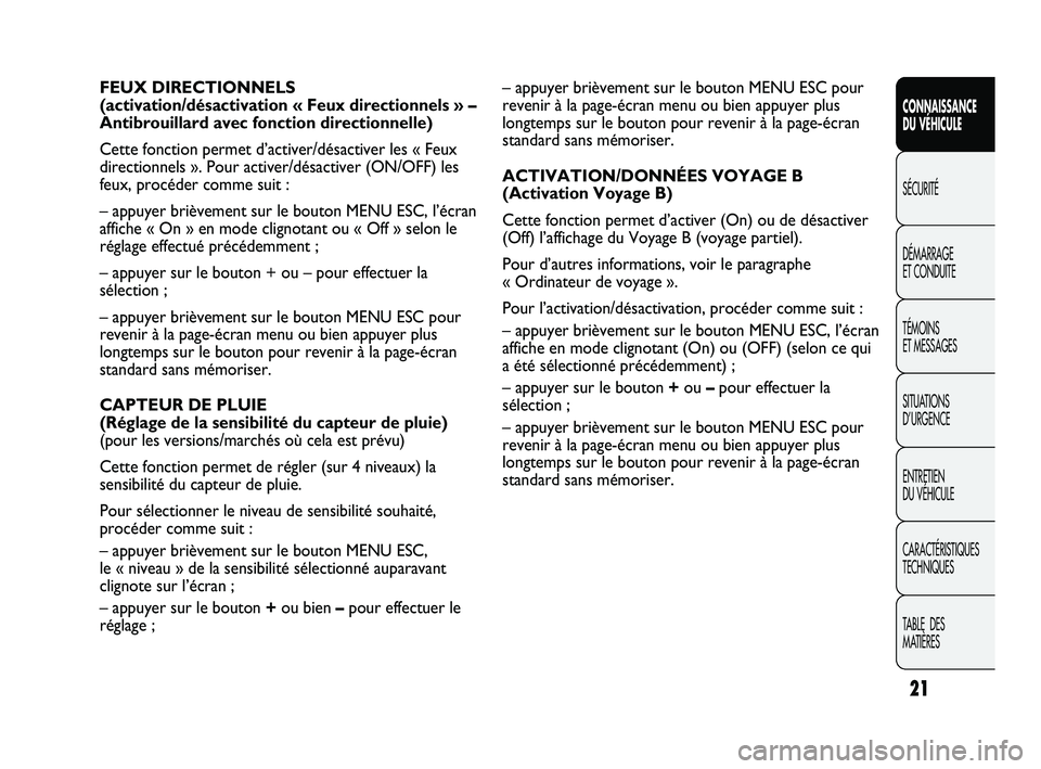Abarth Punto 2012  Notice dentretien (in French) 21
CONNAISSANCE 
DU VÉHICULE
SÉCURITÉ
DÉMARRAGE 
ET CONDUITE
TÉMOINS 
ET MESSAGES
SITUA

TIONS 
D’URGENCE
ENTRETIEN 
DU VÉHICULE
CARACTÉRISTIQUES
TECHNIQUES
TABLE  DES 
MATIÈRES
– appuyer 