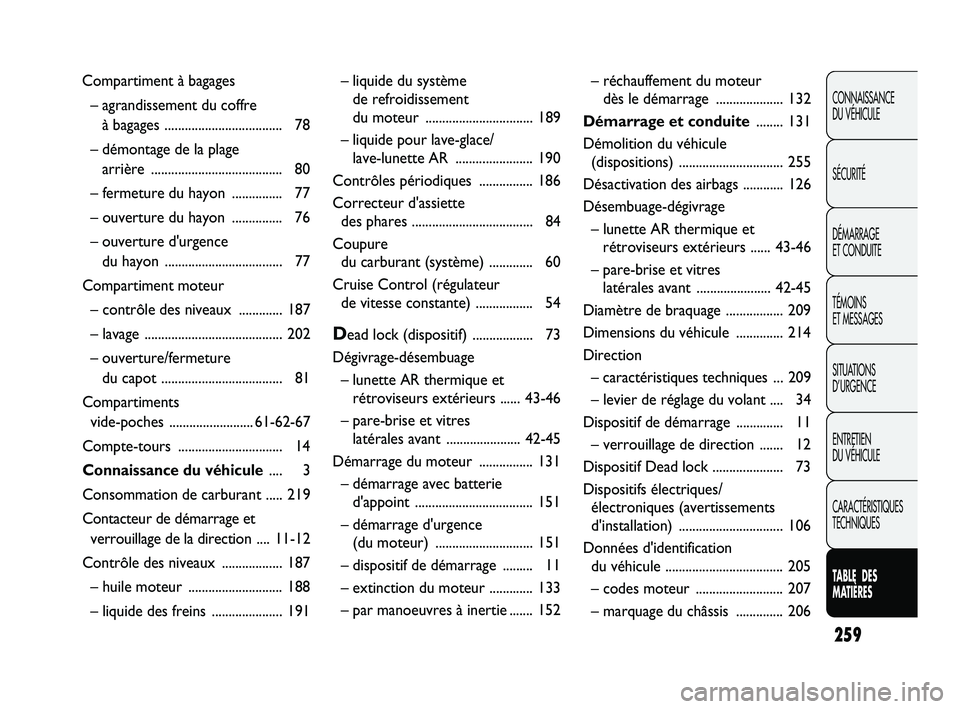 Abarth Punto 2012 Notice dentretien (in French) 259
CONNAISSANCE
DU VÉHICULE
SÉCURITÉ
DÉMARRAGE
ET CONDUITE
TÉMOINS
ET MESSAGES
SITUATIONS
D’URGENCE
ENTRETIEN
DU VÉHICULE
CARACTÉRISTIQUES
TECHNIQUES
TABLE DES
MA
TIÈRES
– liquide Abarth Punto 2012 Notice dentretien (in French) 259
CONNAISSANCE
DU VÉHICULE
SÉCURITÉ
DÉMARRAGE
ET CONDUITE
TÉMOINS
ET MESSAGES
SITUATIONS
D’URGENCE
ENTRETIEN
DU VÉHICULE
CARACTÉRISTIQUES
TECHNIQUES
TABLE DES
MA
TIÈRES
– liquide