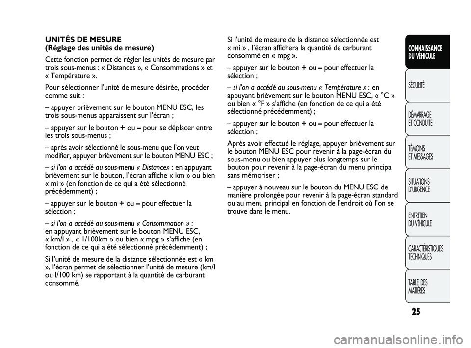 Abarth Punto 2012  Notice dentretien (in French) 25
CONNAISSANCE 
DU VÉHICULE
SÉCURITÉ
DÉMARRAGE 
ET CONDUITE
TÉMOINS 
ET MESSAGES
SITUA

TIONS 
D’URGENCE
ENTRETIEN 
DU VÉHICULE
CARACTÉRISTIQUES
TECHNIQUES
TABLE  DES 
MATIÈRES
Si l’unit�