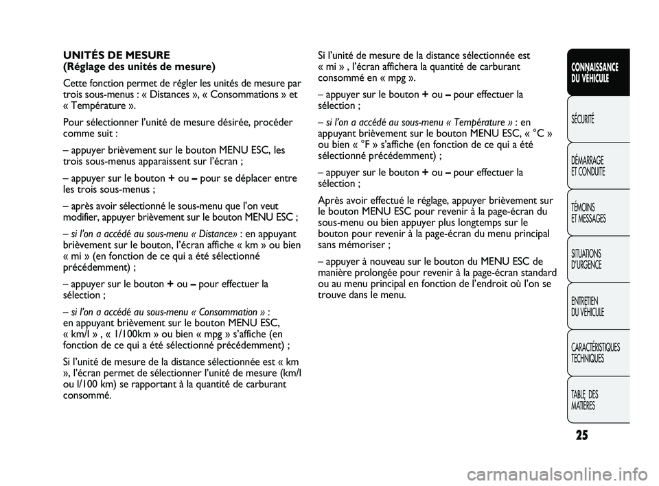 Abarth Punto 2012  Notice dentretien (in French) 25
CONNAISSANCE 
DU VÉHICULE
SÉCURITÉ
DÉMARRAGE 
ET CONDUITE
TÉMOINS 
ET MESSAGES
SITUA

TIONS 
D’URGENCE
ENTRETIEN 
DU VÉHICULE
CARACTÉRISTIQUES
TECHNIQUES
TABLE  DES 
MATIÈRES
Si l’unit